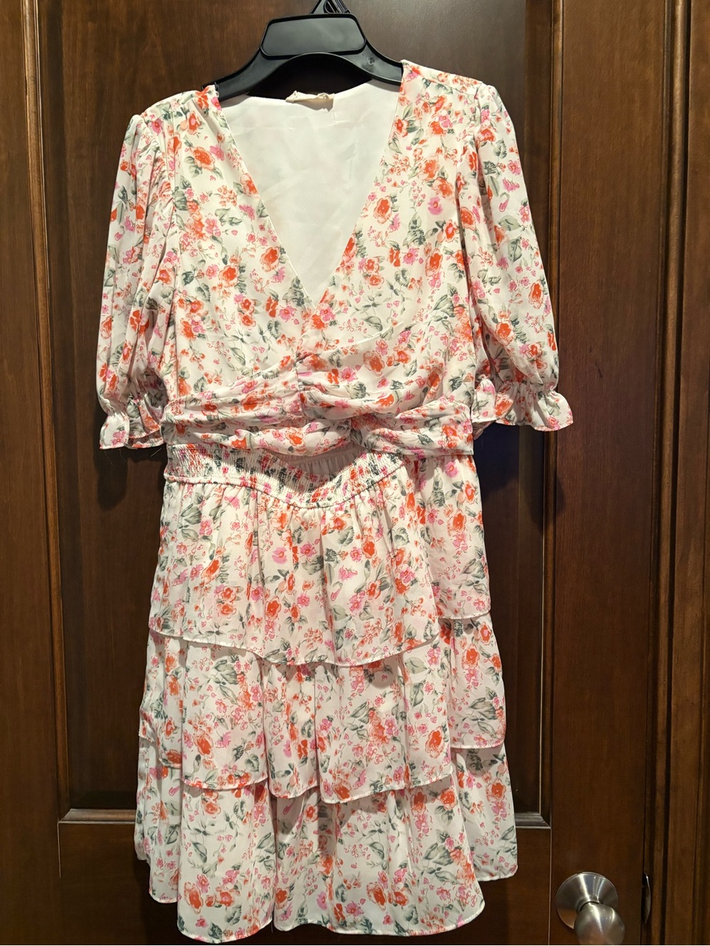 Floral Tiered V-Neck Dress in White with Pink & Orange Blooms